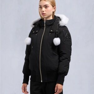 Women’s Moose Knuckles Black Bomber Jacket with White Fur Trim